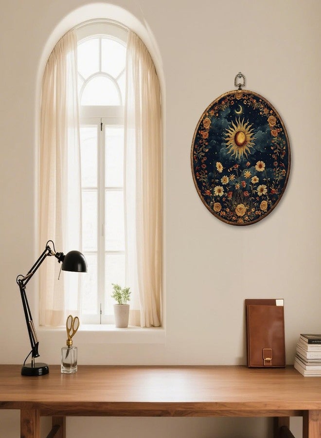 HUGANE Vintage Celestial Floral Sun Moon Round Wall Art Decor, Boho Mystical Dark Cottagecore Botanical Hanging Canvas Framed Prints Wall Sculptures for Home Bedroom Living Room Decor, 10x10 Inch - Image 5